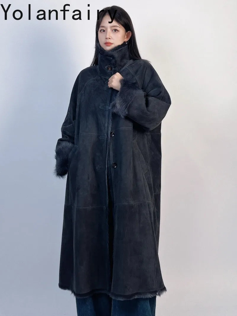 YOLANFAIRY Real Goatskin Leather Fur Coats for Women Winter High-end Natural Fur Coat Lazy Style Long Leather Jacket Luxury Wear