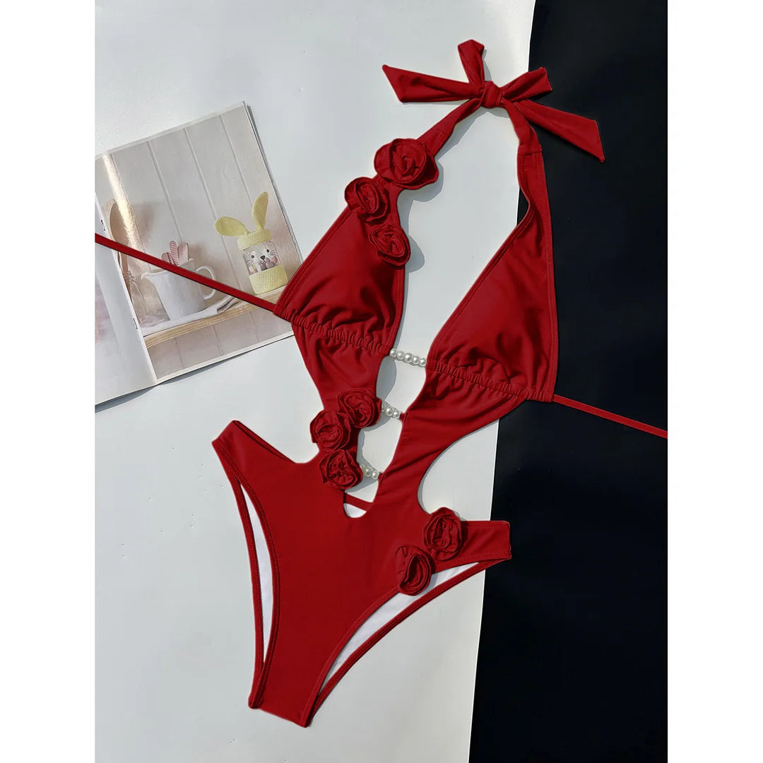 Sexy 3D Flowers Deep V Neck Halter Women Swimwear One Piece Swimsuit Female High Cut Leg Monokini Bather Bathing Suit Swim V6986