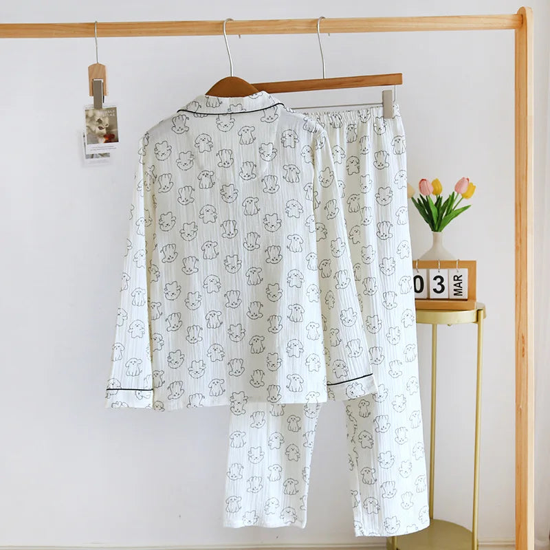 2026 New Spring and Autumn Women's Pajama Set 100% Cotton Crepe Cute Long sleeved Pants Two piece Printed Loose Home Fury