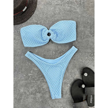 Wrinkled Bandeau High Cut Bikini Women Swimwear Female Swimsuit Two-pieces Bikini set Strapless Bather Bathing Suit Swim V3367