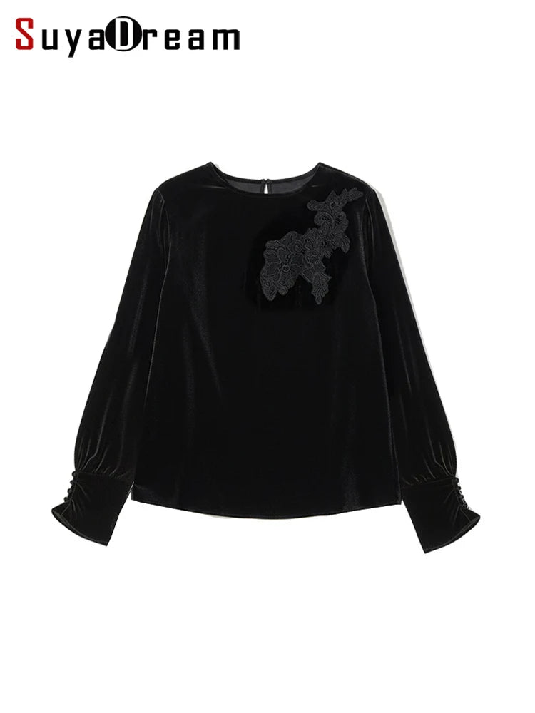 SuyaDream Women Black Blouses, 100%Silk Velour, Round Collar, Elegant Embriodery Velvet Shirts, 2026 Spring Summer Casual Top