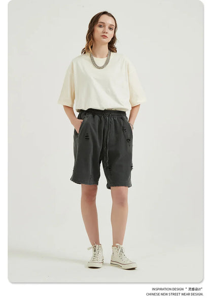 Customized LOGO Men's Heavy 100% Cotton High Street Wind Wash Old Loose Cut Couple Retro Shorts