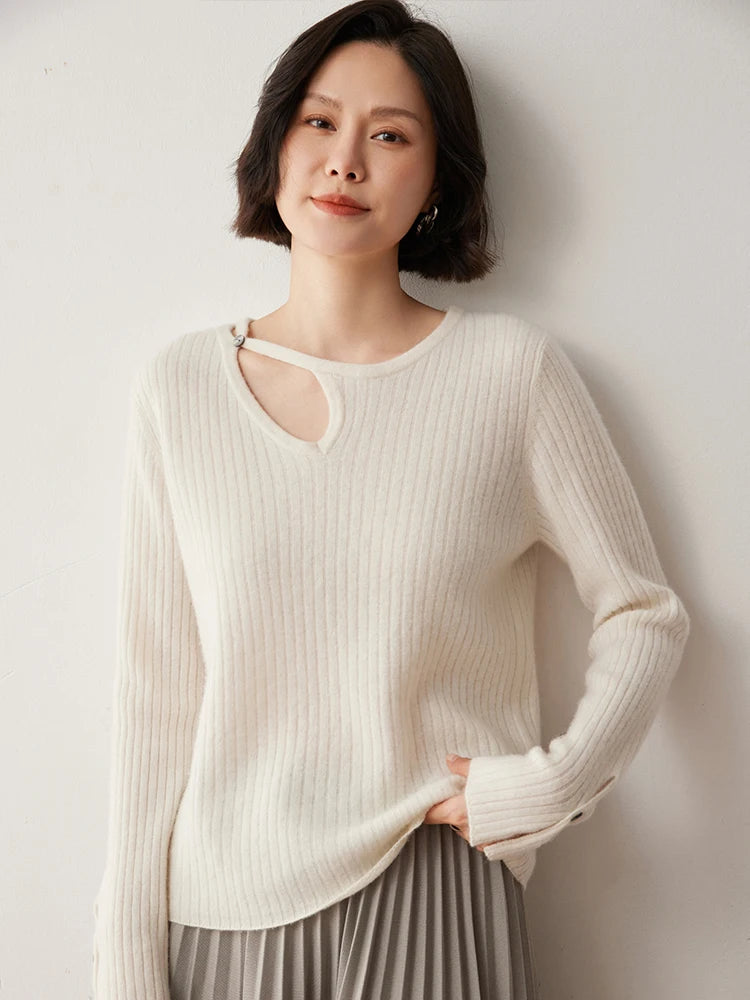 CHICUU Women's 100% Cashmere Knit Pullover Sweater Cut Out Collar Long Sleeve Pullover Autumn Winter Basic Cashmere Knitwear Top