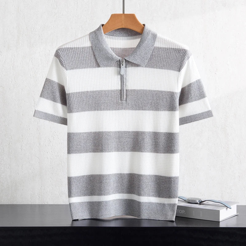 Men's 100% Lyocell POLO Collar Striped T-Shirt Knit Pullover Summer New Bussiness Casual Half-zip Short-sleeved Jumper Menswear