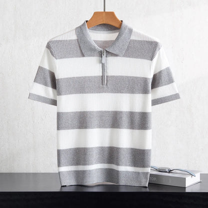 Men's 100% Lyocell POLO Collar Striped T-Shirt Knit Pullover Summer New Bussiness Casual Half-zip Short-sleeved Jumper Menswear