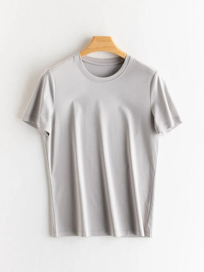 SuyaDream Women Solid T shirts, Silk Cotton Blend, O Neck, Short Sleeved Solid Tee,2025 Summer Candy Colors Basic Cozy Top Green