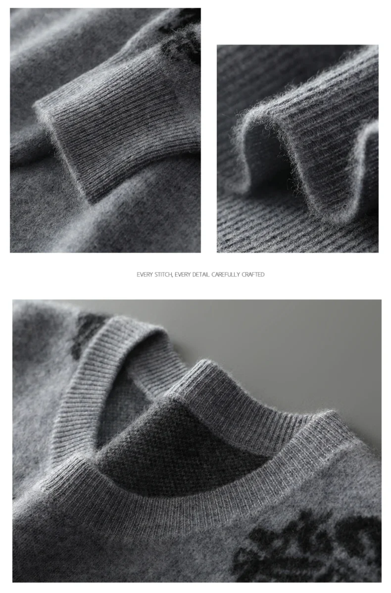 Men's 100% Pure Wool Sweater O-Neck Loose Pullover Autumn/Winter New Embroidery Business Casual Cashmere Tops Knit Bottom Shirt