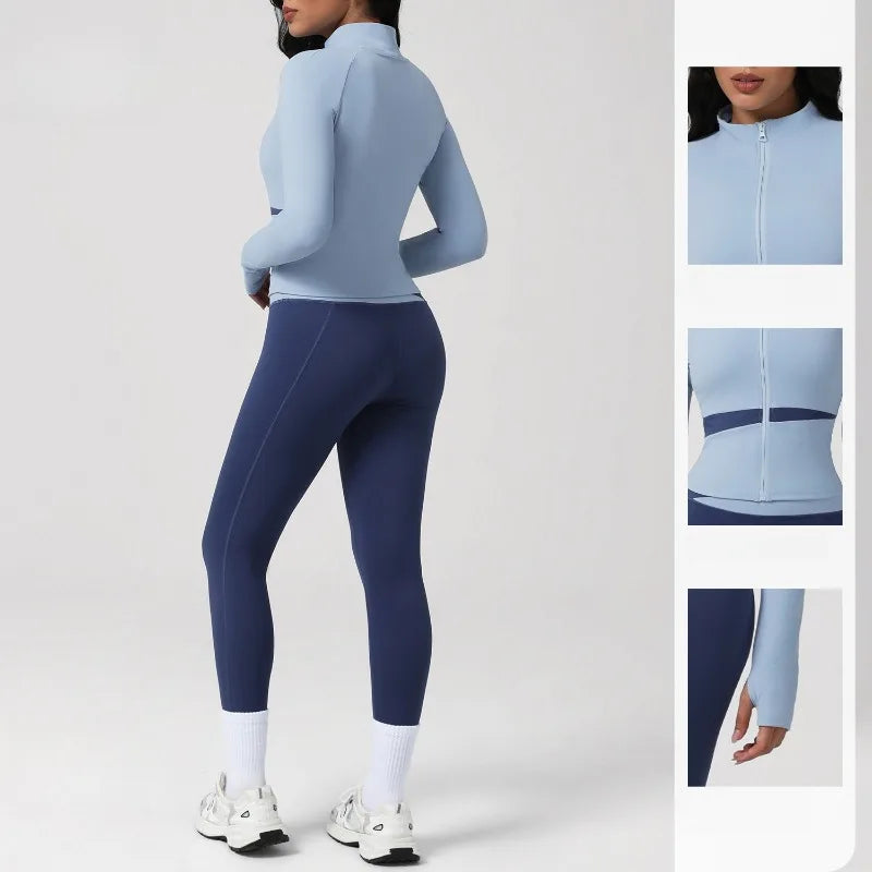 New Women's Color-Block Yoga Outfit Set Back Beauty Fitness Tank Top Long Sleeve Coat Hip-Lifting Leggings Running Fitness Set