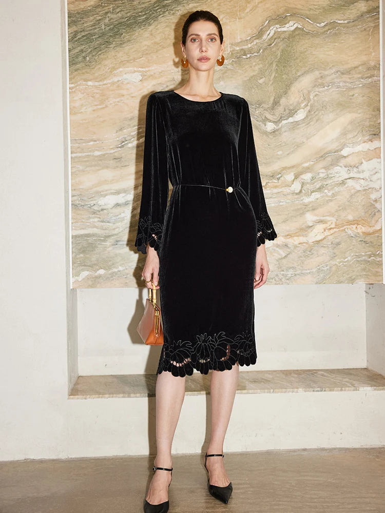 SuyaDream, Women Velvet Dresses, 100%Real Silk, O Neck, Embroidery Black Mid Dress, 2026 Spring Summer Elegant Cloth