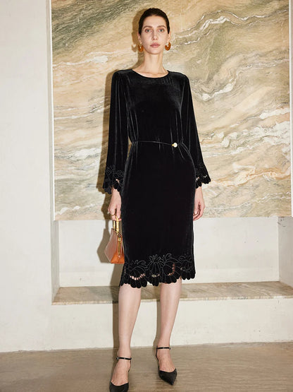 SuyaDream, Women Velvet Dresses, 100%Real Silk, O Neck, Embroidery Black Mid Dress, 2026 Spring Summer Elegant Cloth