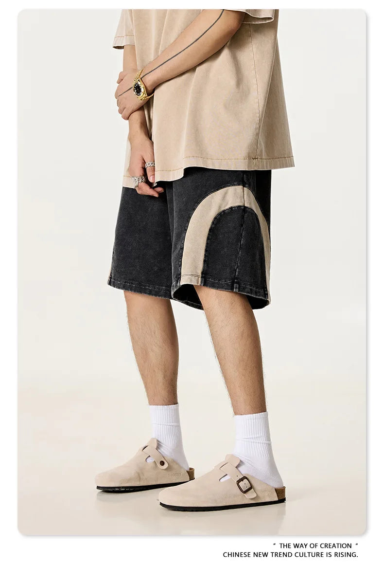Customized LOGO men's summer European and American hip-hop style splicing contrasting shorts loose straight five-point pants