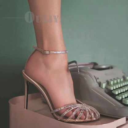 Foot Covered Rhinestones 2024 Summer New Round Toe Cutout Stiletto Sandals Banquet Heels
