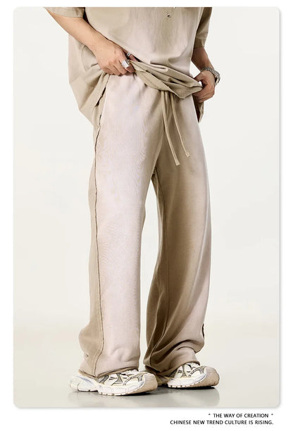 Custom LOGO men's 2025 autumn 370G heavy 100% cotton gradual change hole hooded sweater straight trousers set