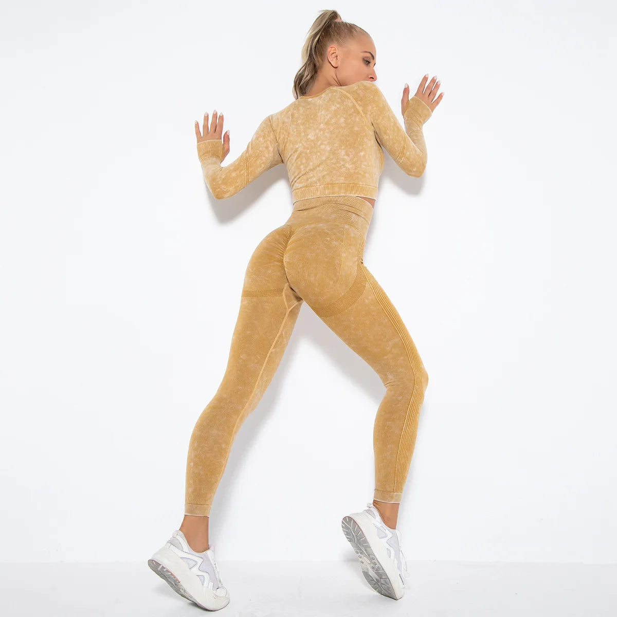 Women Seamless Tracksuit Yoga Set 2PCS Workout Clothes Athletic Wear Gym Legging Fitness Bra Crop Top Long Sleeve Sports Suits