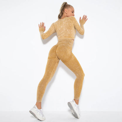 Women Seamless Tracksuit Yoga Set 2PCS Workout Clothes Athletic Wear Gym Legging Fitness Bra Crop Top Long Sleeve Sports Suits