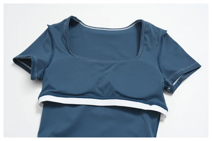 TRY TO BN 2 Pieces Women's Tracksuit Yoga Short Sleeves Top Sets High Waist Shorts Contrasting Color Running Fitness Gym Clothes