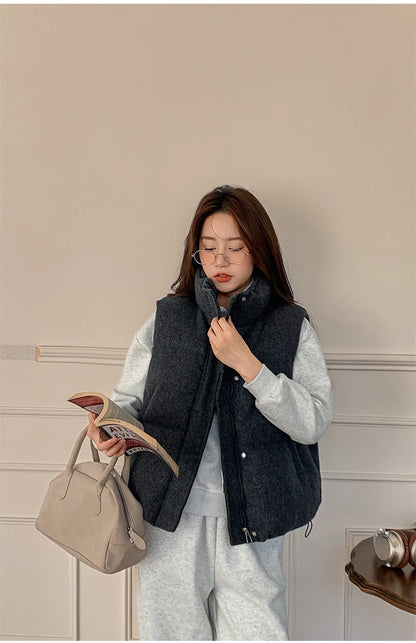 Short Down cotton Vest Women's 2025 Korean Fashion New Stand-up Sleeveless Zipper Student Vest Jacket Black Gray Waistcoat Tide