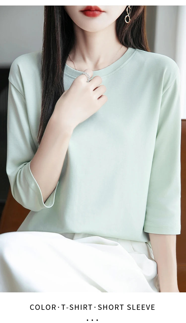Spring And Summer New White Mercerized Cotton Short Sleeve T-Shirt Feminine Joker Cotton Cropped Sleeve Bottoming Shirt