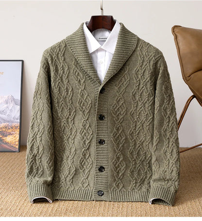 2025 Autumn Winter New Five Needle Thick 100% Merino Wool Sweater Men's Lapel Knit Cardigan Business Casual Warm Shirt Menswear