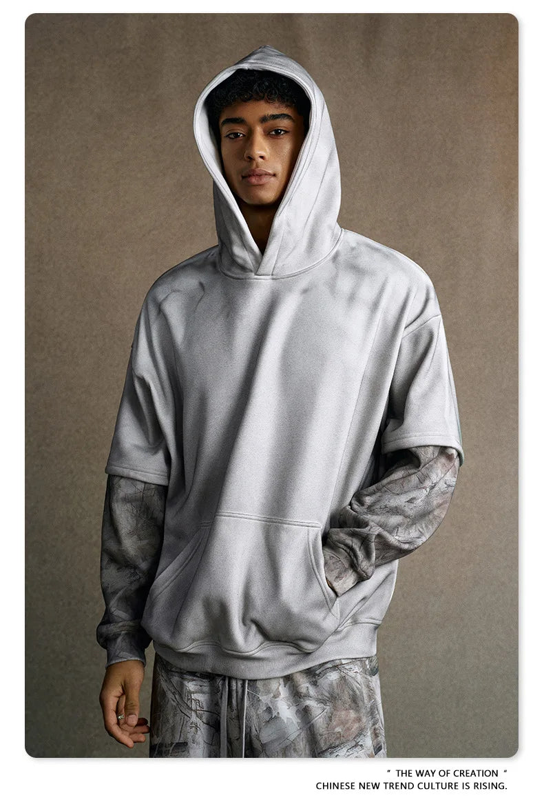 Custom LOGO Men's 2025 Autumn New 340G fleece-lined Fake Two-piece Camouflage Sweater T-Shirt Casual Pants Set