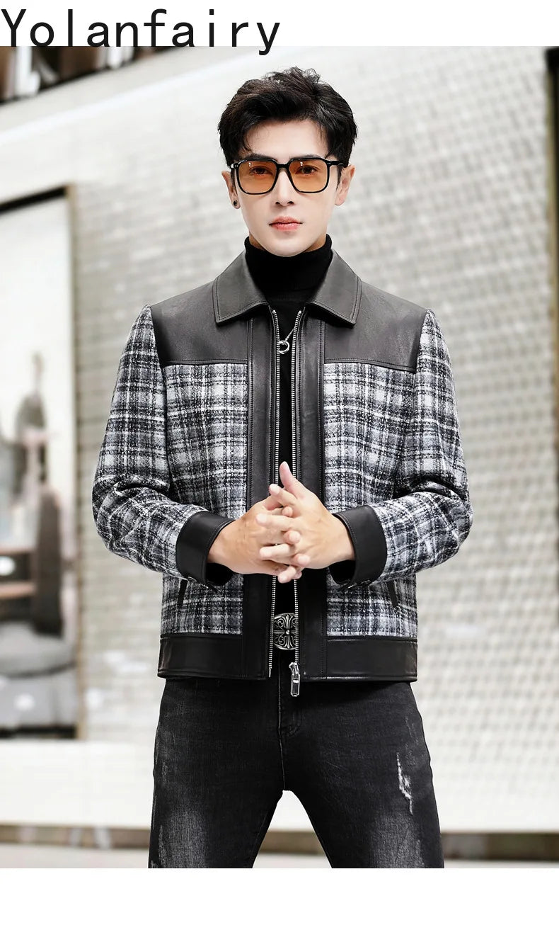 YOLANFAIRY Plaid Wool Spliced Genuine Sheepskin Jacket for Man Spring Autumn Short Woolen Coat Turn Down Collar abrigo hombre