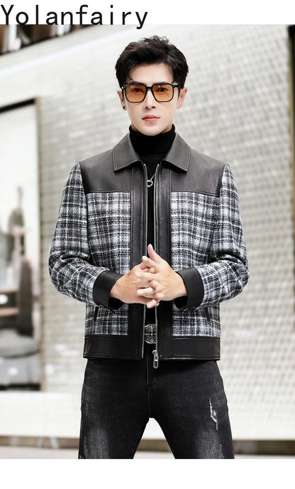 YOLANFAIRY Plaid Wool Spliced Genuine Sheepskin Jacket for Man Spring Autumn Short Woolen Coat Turn Down Collar abrigo hombre