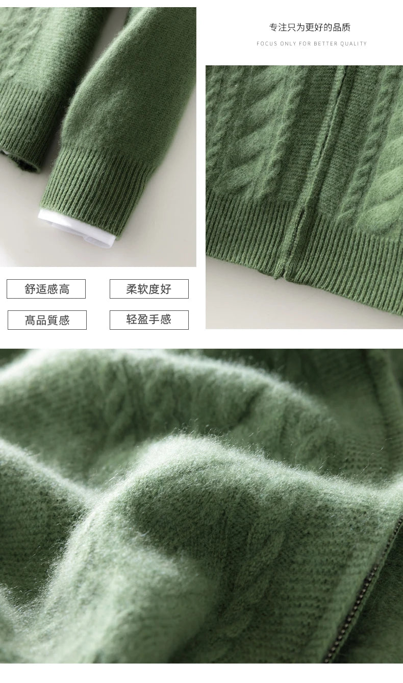 High Quality Men Mock Collar Twisted Cardigan Autumn Winter Thick Zipper 100% Merino Wool Sweater Casual Coat Cashmere Knitwear
