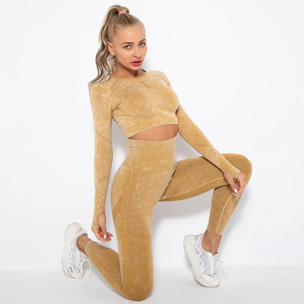 Women Seamless Tracksuit Yoga Set 2PCS Workout Clothes Athletic Wear Gym Legging Fitness Bra Crop Top Long Sleeve Sports Suits