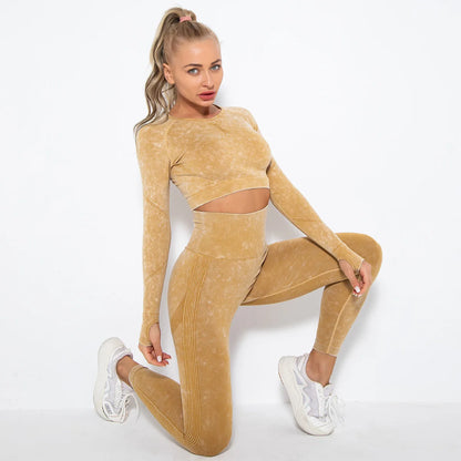 Women Seamless Tracksuit Yoga Set 2PCS Workout Clothes Athletic Wear Gym Legging Fitness Bra Crop Top Long Sleeve Sports Suits