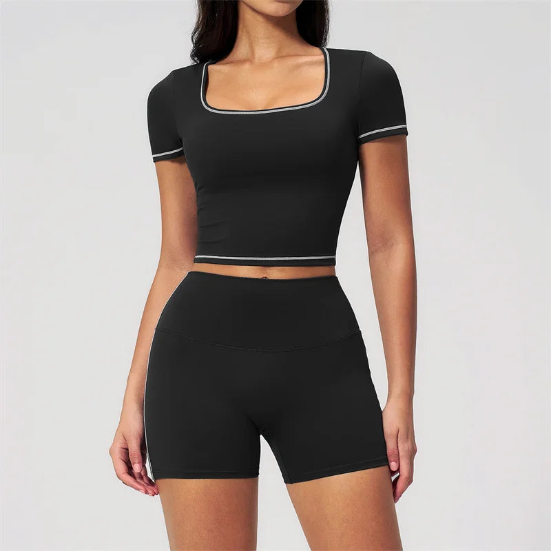 TRY TO BN 2 Pieces Women's Tracksuit Yoga Short Sleeves Top Sets High Waist Shorts Contrasting Color Running Fitness Gym Clothes