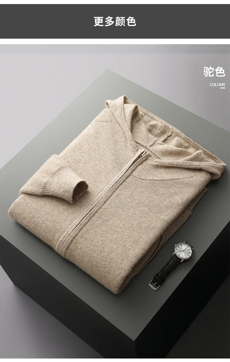 Autumn/Winter Men Sweater Suit Hooded Zipper Pullover Pants Thick Warm Casual Clothing 100% Cashmere Knitwear Trousers Tops