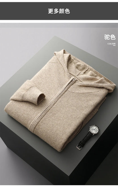 Autumn/Winter Men Sweater Suit Hooded Zipper Pullover Pants Thick Warm Casual Clothing 100% Cashmere Knitwear Trousers Tops