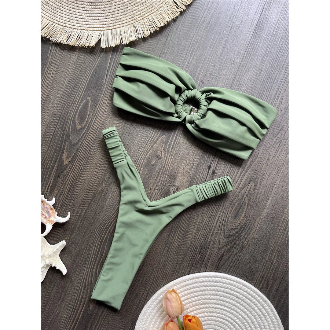 Wrinkled Bandeau High Cut Mini Thong Bikini Female Swimsuit Women Swimwear Two-pieces Bikini set Bather Bathing Suit Swim V6085