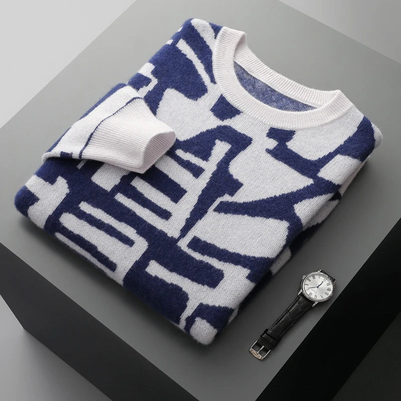 New Men's Sweater 100% Cashmere Autumn Winter Fashion Knitted Jacquard Pullover Color blocked O-Neck Thickened Men's Wear Top