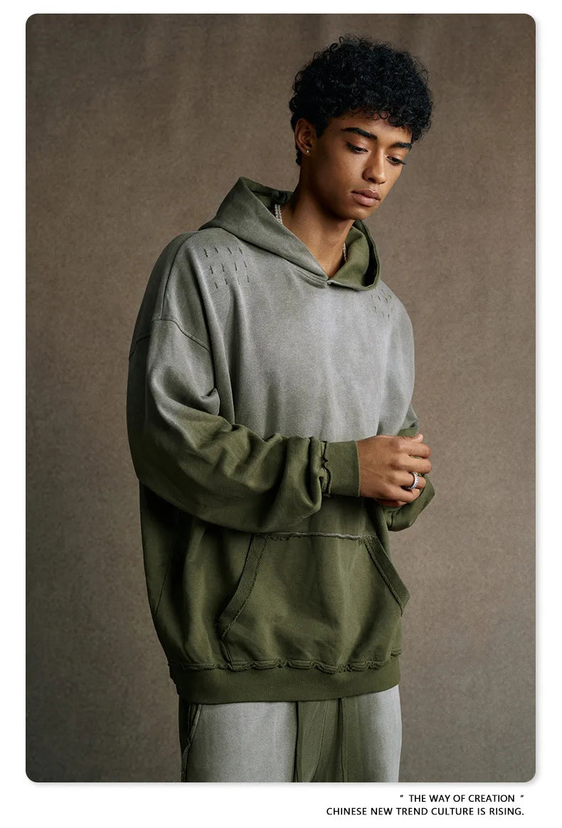 Custom LOGO men's 2025 autumn 370G heavy 100% cotton gradual change hole hooded sweater straight trousers set