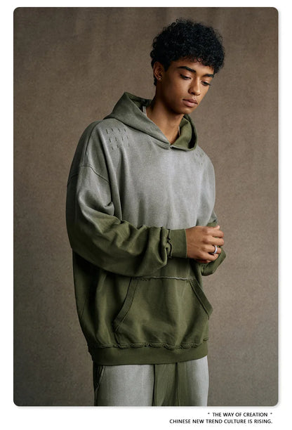 Custom LOGO men's 2025 autumn 370G heavy 100% cotton gradual change hole hooded sweater straight trousers set