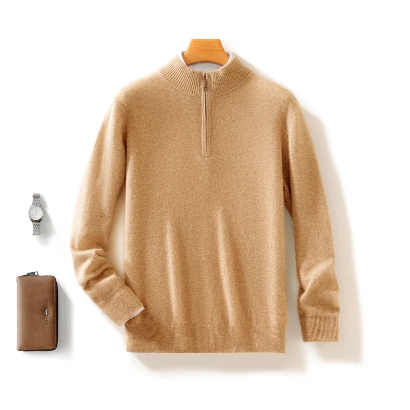 High-end 100% Cashmere Pullover for Men Mock Collar Thick Sweater Autumn Winter Knitted Jumper Warm Clothing Smart Casual Top