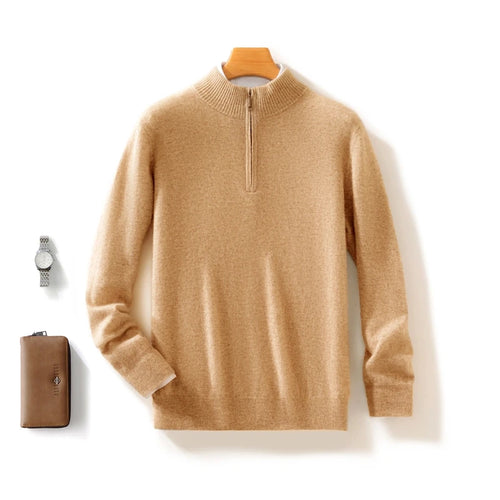 High-end 100% Cashmere Pullover for Men Mock Collar Thick Sweater Autumn Winter Knitted Jumper Warm Clothing Smart Casual Top
