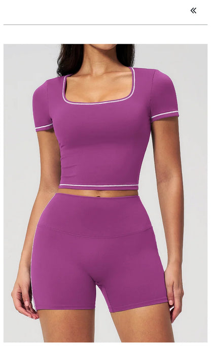 TRY TO BN 2 Pieces Women's Tracksuit Yoga Short Sleeves Top Sets High Waist Shorts Contrasting Color Running Fitness Gym Clothes
