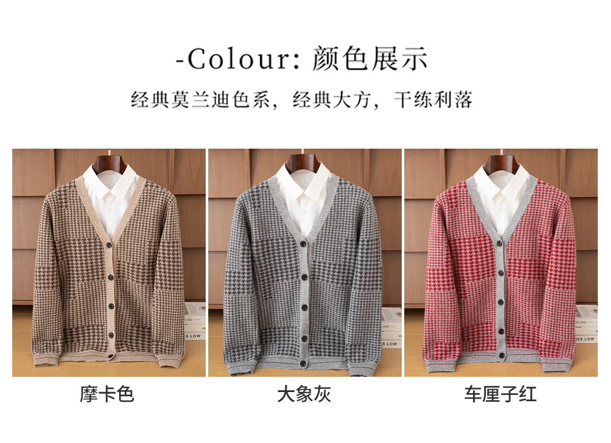 Men's V-Neck Cardigan Business Casual Jacquard Thickened Jacket 100% Merino Wool Knit Coat Autumn Winter Warmth Men's Clothing