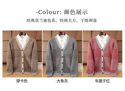Men's V-Neck Cardigan Business Casual Jacquard Thickened Jacket 100% Merino Wool Knit Coat Autumn Winter Warmth Men's Clothing