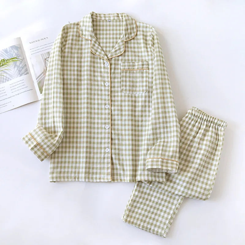 2026 Spring/Summer Couple Pajama Set 100% Cotton Double Layer Gauze Men's and Women's Japanese Plaid Set Long sleeved Home Fury