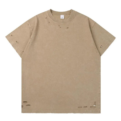 DIY Custom LOGO DIY 300gsm Heavy Thick Ripped Holes Short Sleeves T-shirt Solid Color Oversized Casual Summer Harakuju Tees