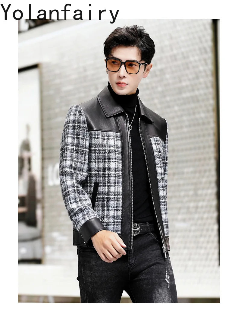 YOLANFAIRY Plaid Wool Spliced Genuine Sheepskin Jacket for Man Spring Autumn Short Woolen Coat Turn Down Collar abrigo hombre