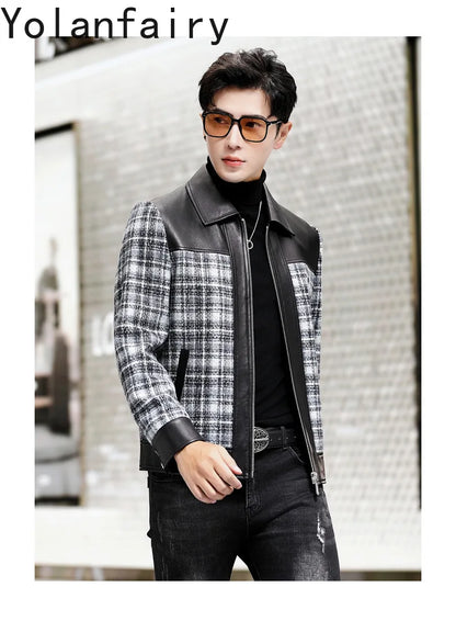 YOLANFAIRY Plaid Wool Spliced Genuine Sheepskin Jacket for Man Spring Autumn Short Woolen Coat Turn Down Collar abrigo hombre