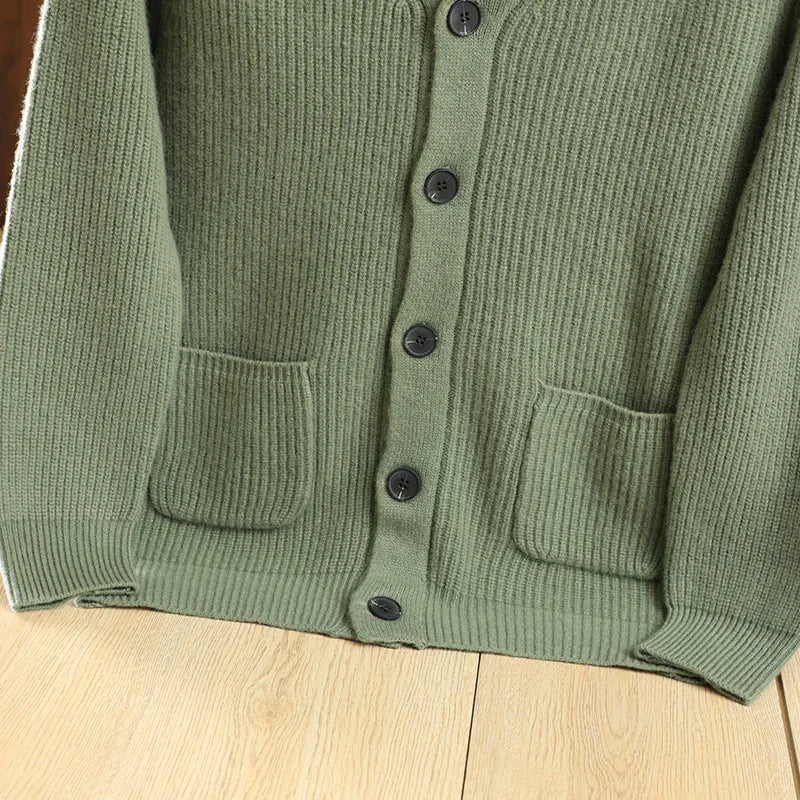Men High Quality Polo Collar Cardigan Autumn Winter Thick Buttons 100% Merino Wool Sweater Smart Casual Coat Cashmere Knitwear