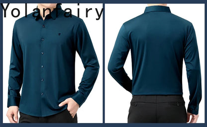 YOLANFAIRY 100% Mulberry Silk Long Sleeve Shirt Man Spring Autumn Casual Silk Mens Shirts Warm Male White Shirt chemises hommes