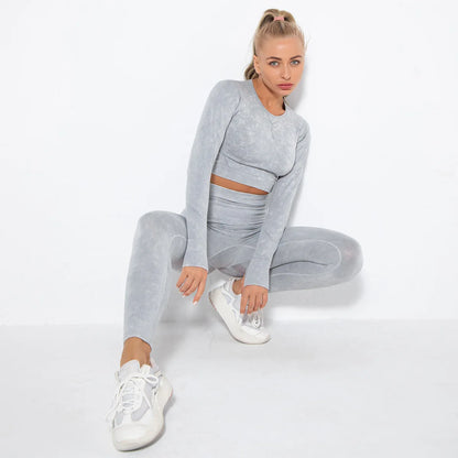 Women Seamless Tracksuit Yoga Set 2PCS Workout Clothes Athletic Wear Gym Legging Fitness Bra Crop Top Long Sleeve Sports Suits