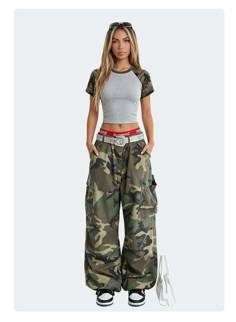 Custom LOGO Women's American Street Spice Girl Camouflage Ragged Short Sleeve T-Shirt 210G Cotton Slim-fit Contrast Top