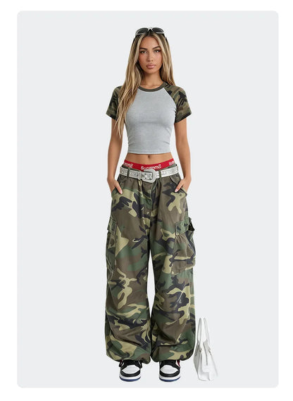Custom LOGO Women's American Street Spice Girl Camouflage Ragged Short Sleeve T-Shirt 210G Cotton Slim-fit Contrast Top